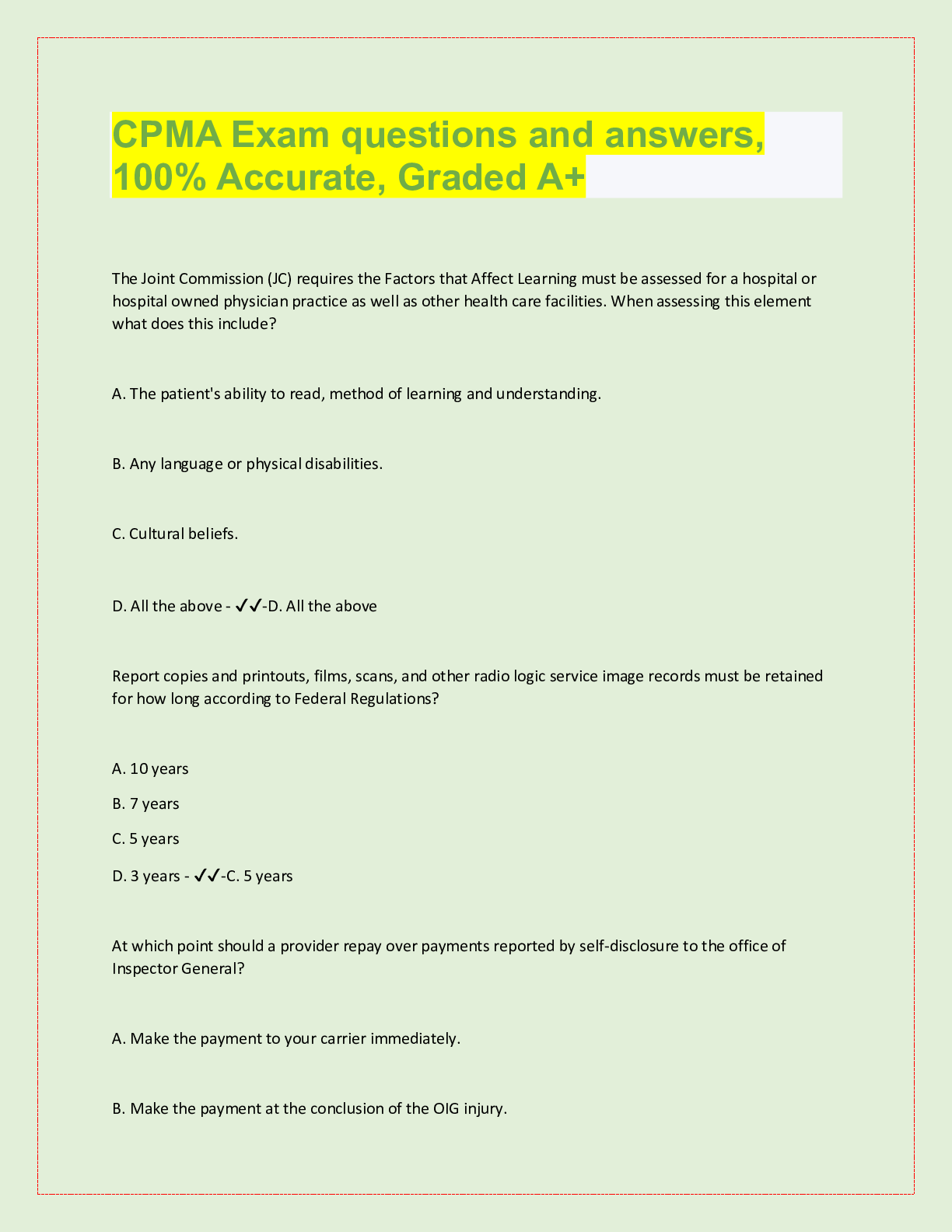 Preview image for CPMA Exam questions and answers,  100% Accurate, Graded A+